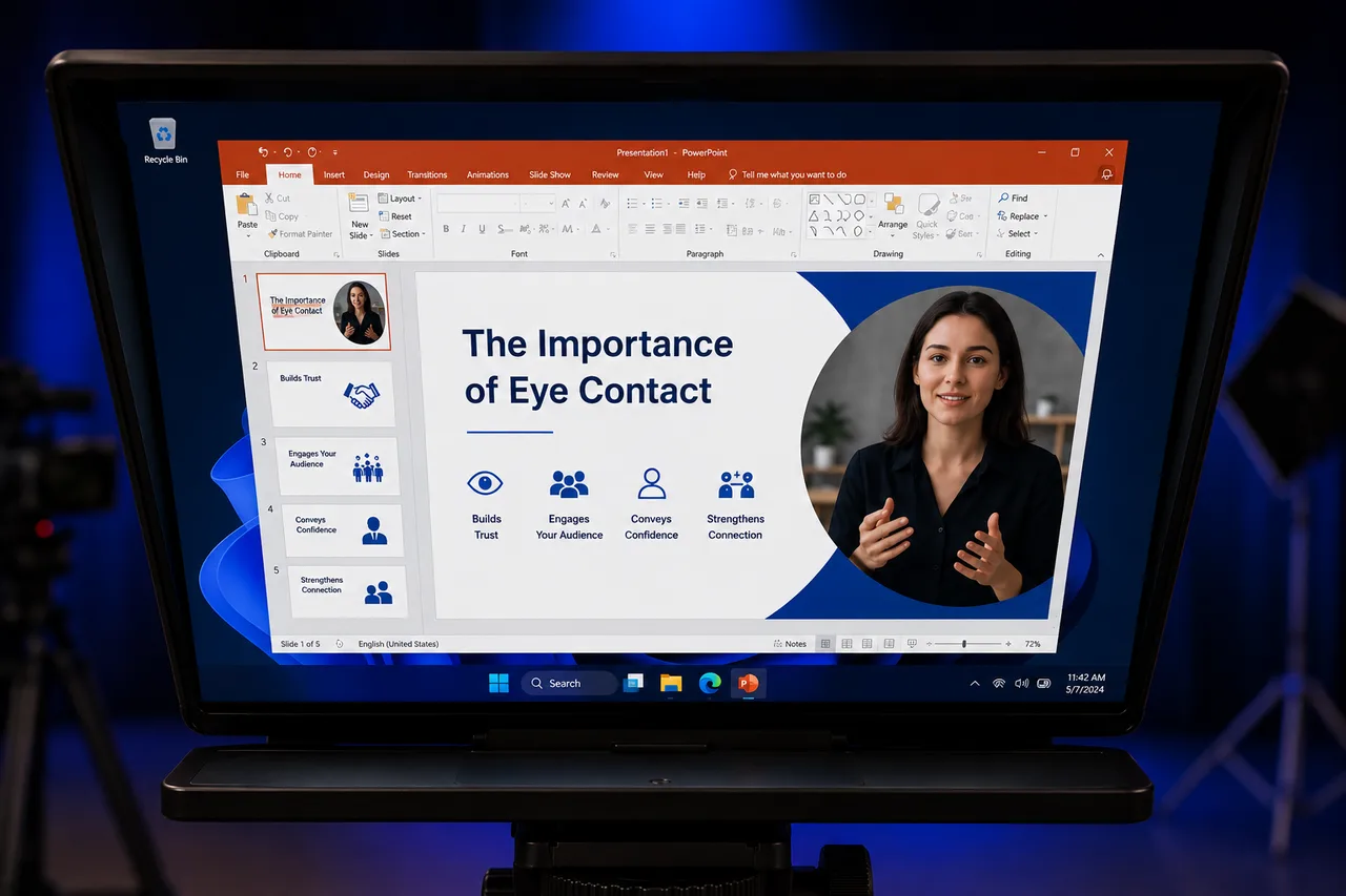 A Windows desktop running a PowerPoint slide, mirrored onto a studio teleprompter so it reads correctly through the beamsplitter glass